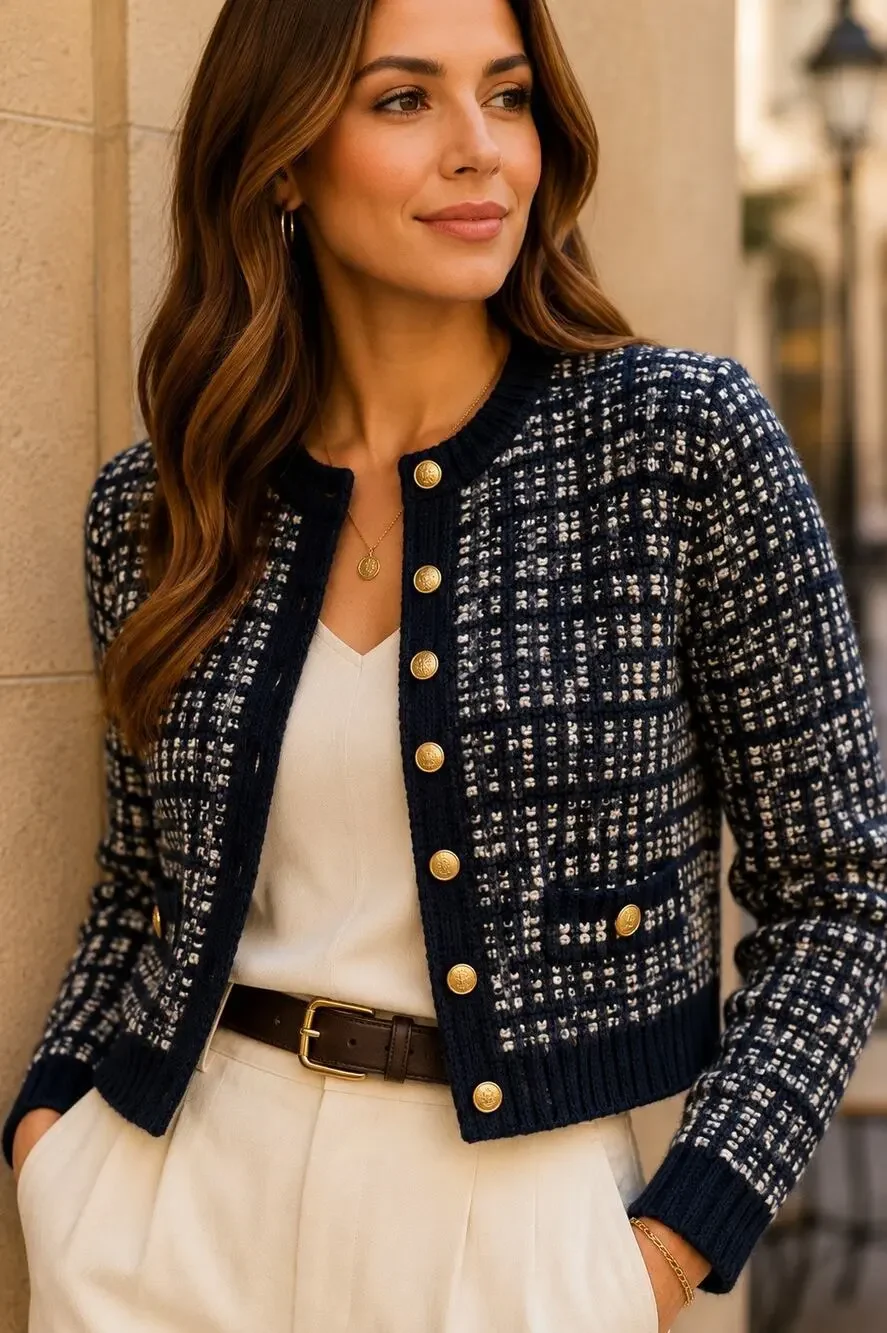 Quiet Luxury Preppy J.Crew Alpaca Wool Gold Button Cardigan Jacket Navy XS